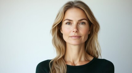 portrait beautiful caucasian woman with long blond hair 35-40 years old, white studio background