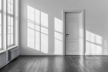 Fototapeta premium a room with a closed door, wooden floor and a window, with a shadow of sunlight. The room appears empty and filled with the light