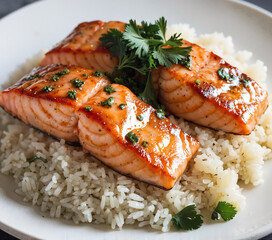 Grilled salmon fillets with herbs served on white rice in a gourmet presentation
