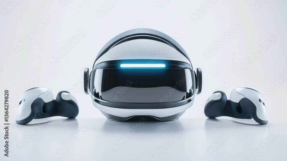 Poster a futuristic virtual reality headset with accompanying controllers on display