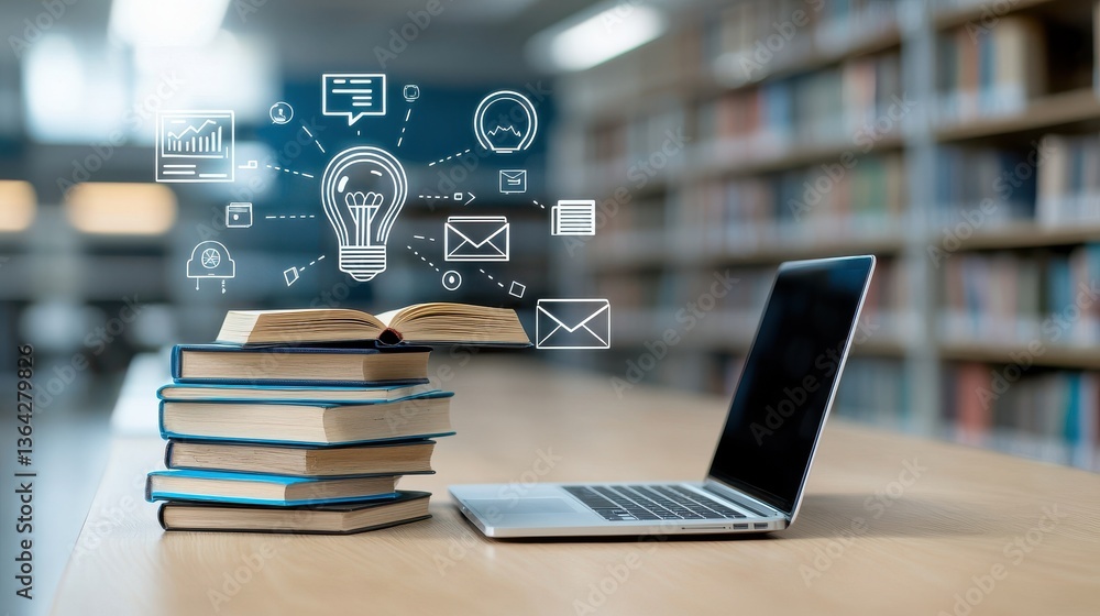 Poster an image depicting a workspace focused on education learning and academic research with a laptop sta