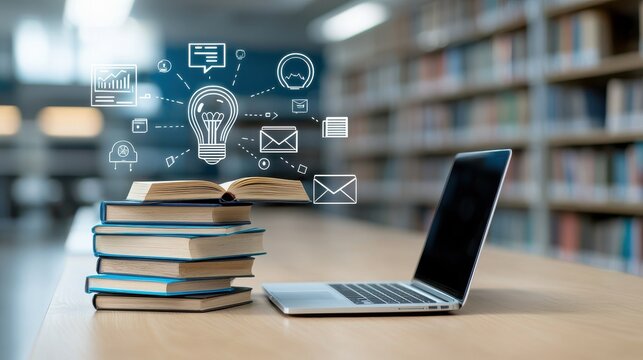 An image depicting a workspace focused on education learning and academic research with a laptop stack of books and various digital icons symbolizing the of technology in the learning process