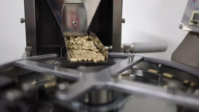 Nutraceutical diet supplement capsules drop into pill counting machine