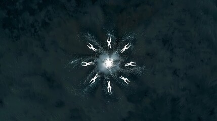 Aerial View of Synchronized Swimmers Forming a Mandala, Synchronized swimming team creating a mandala pattern in the water.