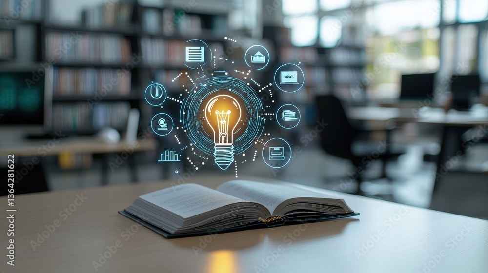 Poster the open book on the desk surrounded by digital icons symbolizes the fusion of traditional learning 