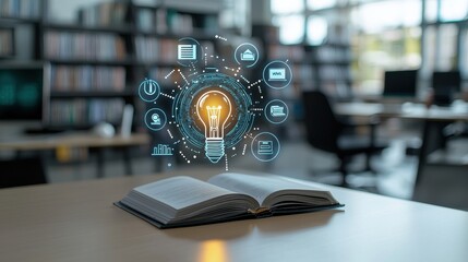 The open book on the desk surrounded by digital icons symbolizes the fusion of traditional learning and cutting edge technology inspiring innovative ideas and creative problem solving