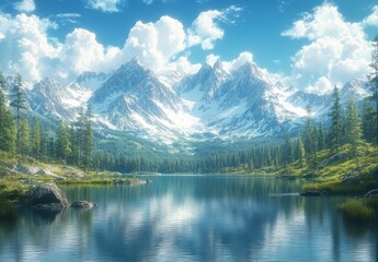 Fototapeta premium Scenic Mountain Landscape with Snow-Capped Peaks Reflecting in a Serene Lake Under a Bright Sky