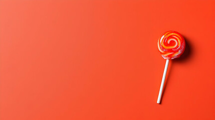 Single Swirl Lollipop With Red And White Stripes Against A Vibrant Red Background