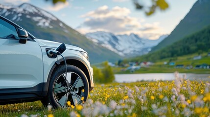 Electric SUV Charging at Scenic Mountain Lake with Breathtaking Sunset View in Serene Countryside Landscape