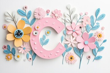 Pastel Paper Flowers and Pink Letter C on White Background