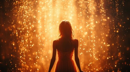 Golden Hour Enchantment: A Woman Silhouetted Against a Sparkling, Amber Backdrop
