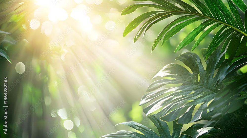 Poster sunlight streaming through the canopy of a dense tropical forest creating a magical and inviting atm