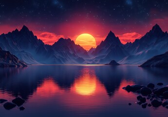 Obraz premium Vibrant Sunset Over Serene Lake Surrounded by Majestic Mountains Reflecting Calming Colors