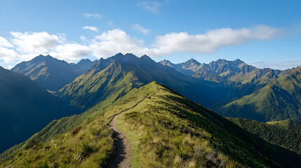 Fototapeta premium Mountainous Landscape With Hiking Trail And Lush Green Vegetation