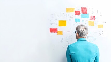 Man Brainstorming on Whiteboard, Businessman reviewing ideas on whiteboard.