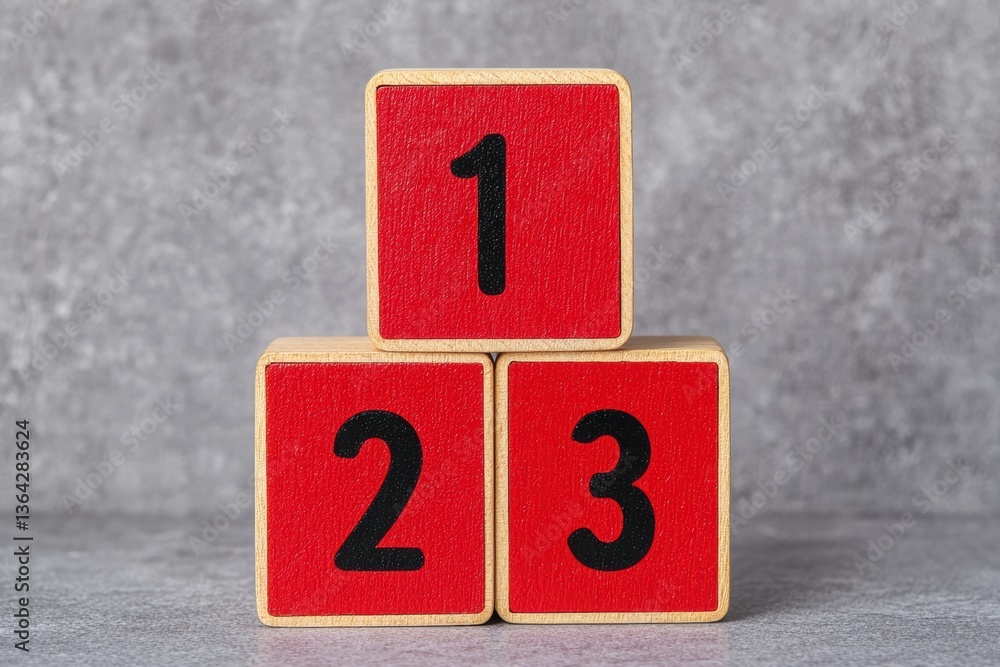 Poster colorful red wooden number blocks stacked in a playful arrangement on a textured gray background