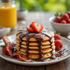 Healthy breakfast with pancakes and a side of bacon. Fresh food dessert concept. A plate of pancakes covered in chocolate and strawberries. A healthy breakfast of pancakes and coated in chocolate.