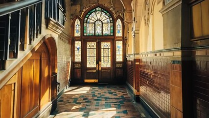 Grand interior hallway featuring a wooden staircase, stained glass door and windows, and tiled walls. - Powered by Adobe