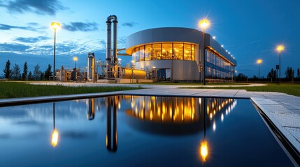 Illuminated Architectural Masterpiece Reflecting in Tranquil Waters at Dusk   Modern Glass and Steel Building Glowing in the Night with Dramatic Lighting and Mirrored Reflection