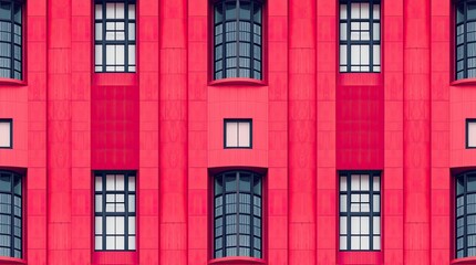 Obraz premium Symmetrical red building facade with multiple windows and vertical lines
