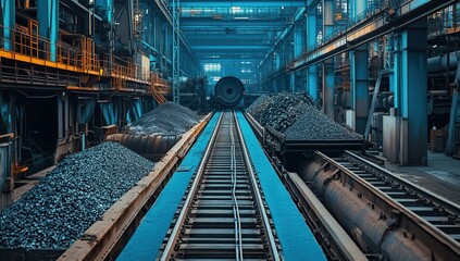 Industrial Factory Interior with Metal Cargo and Rails