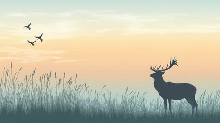 Naklejka premium Majestic Deer Silhouette Sunset Meadow Landscape.