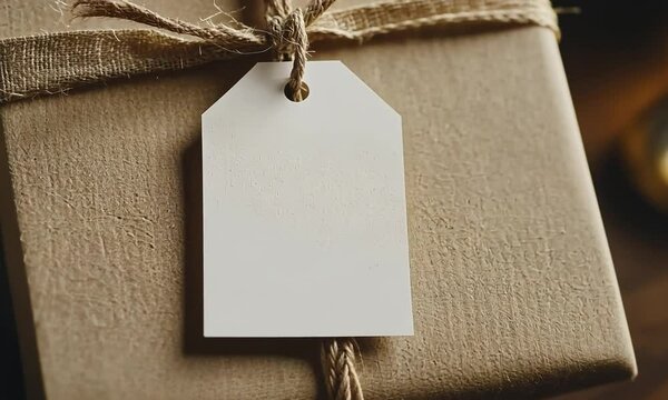 Wrapped gift box with a blank tag tied with twine, set against a blurred festive background
