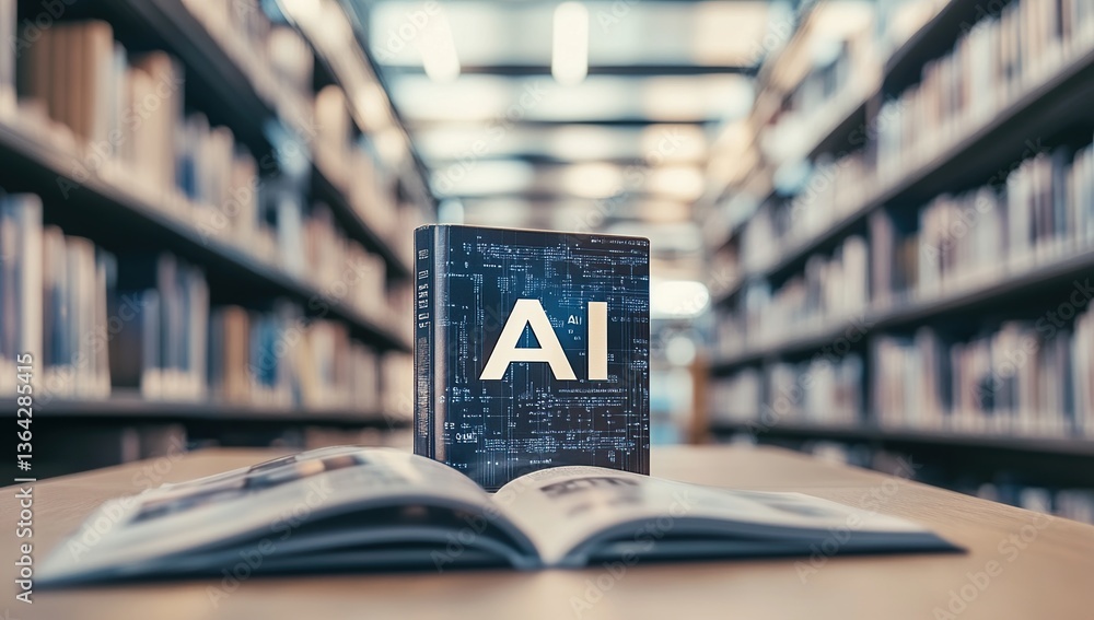 Aufkleber ai book on open book in library setting