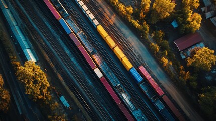 Aerial view of freight trains at sunset, industrial area