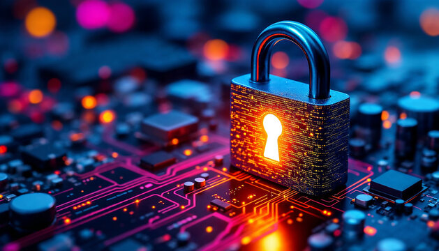 Secure computer circuit board with lock and key symbolizing protection and privacy ai generate
