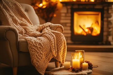 Cozy vintage armchair by the warm fireplace with soft candlelight and a cozy blanket creating a hygge atmosphere in autumn hues
