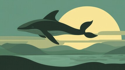 Fototapeta premium Flying Whale Sunset Landscape Illustration.