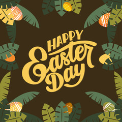 Tropical Happy Easter Day Greeting with Decorative Eggs and Green Leaves