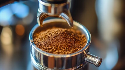 Freshly ground coffee cascading into a portafilter, capturing the essence of artisanal brewing.
