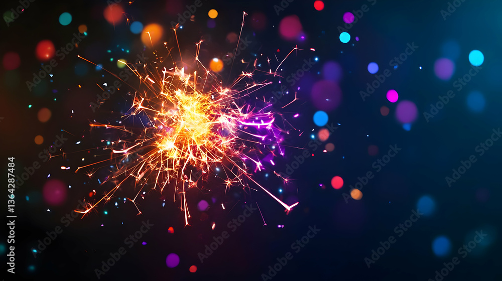 Poster central bright sparkler explosion with vibrant bokeh effect and dark background