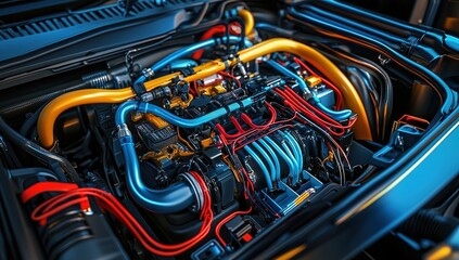 Fototapeta premium Close Up View of a Colorful Car Engine with Intricate Wiring and Piping
