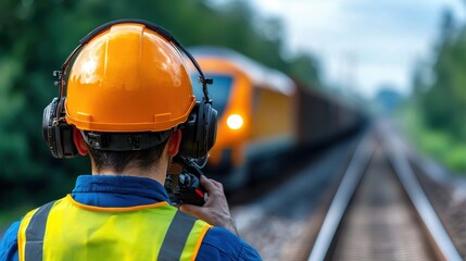 Railway worker wearing safety helmet and high visibility vest inspecting train tracks in an outdoor industrial environment with a train in the background  Concept of transportation