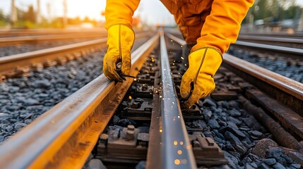 Railroad worker welding rail tracks.