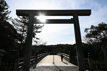 伊勢神宮の鳥居と宇治橋の風景 三重県伊勢市 日本