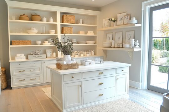 a well-organized kitchen with shelves and a central island displaying a variety of objects, with the view of outdoors