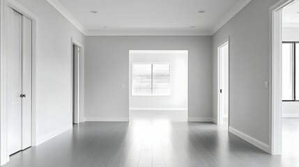Modern White Interior With Open Doors Hallway Hardwood Floor and Bright Lighting Perspective View