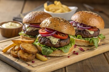 Juicy Gourmet Burgers with Crispy Fries: A Delicious Food Photography Image