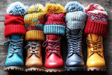 A colorful array of stylish winter boots with knitted cuffs, showcasing vibrant patterns and textures against a rustic wooden background.