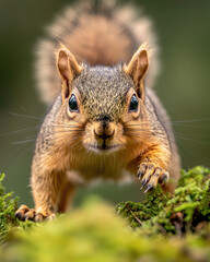 Fototapeta premium A close-up of a curious squirrel with detailed fur, standing on moss, showcasing its expressive eyes and tiny claws.