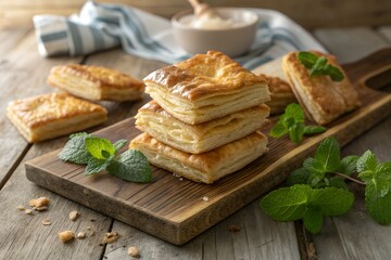 Delicious Golden Puff Pastry Squares with Fresh Mint: Rustic Bakery Scene