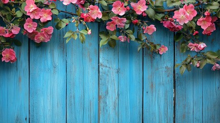 Beautiful pink flowers cascade over a rustic blue wooden background, creating a vibrant and serene atmosphere., Background