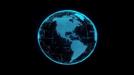 Digital globe rotating, dark background, global network, data visualization