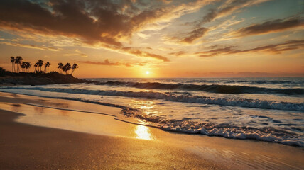 Naklejka premium Scenic tropical beach illuminated by the golden hues of a captivating sunset