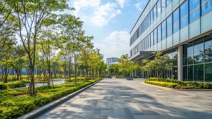 Modern office building with green landscaped walkway, sunny day, urban oasis