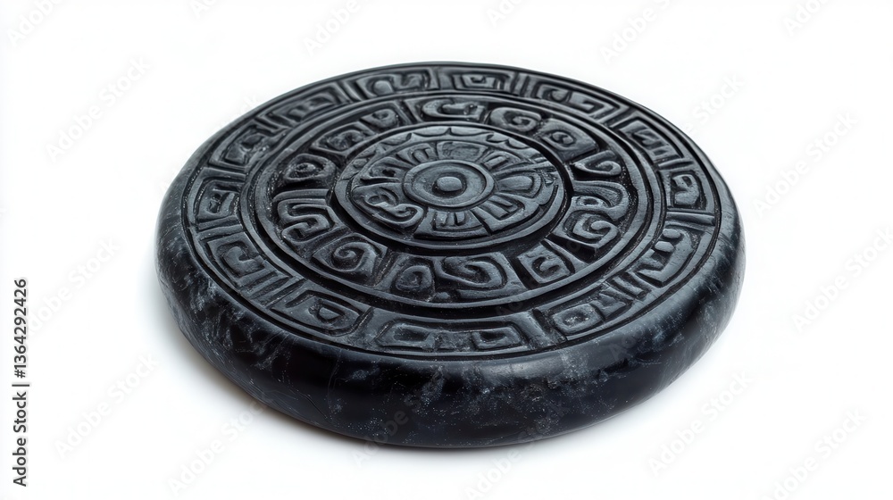 Poster circular carved stone artifact displaying intricate patterns isolated on white